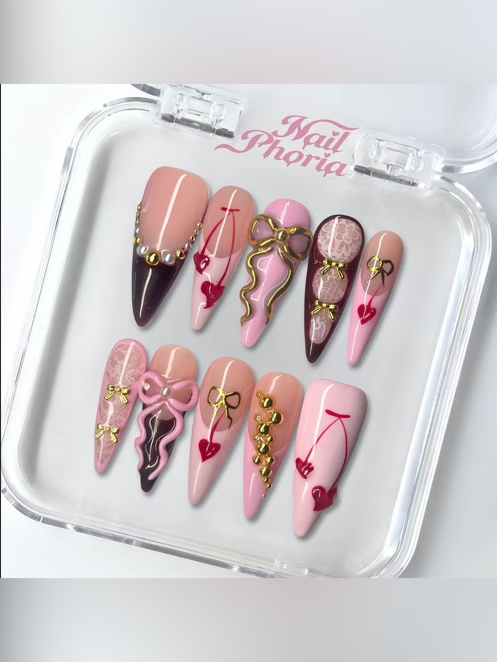 NailPhoria Stiletto Press-On Nail Set - Sweetheart Ribbon